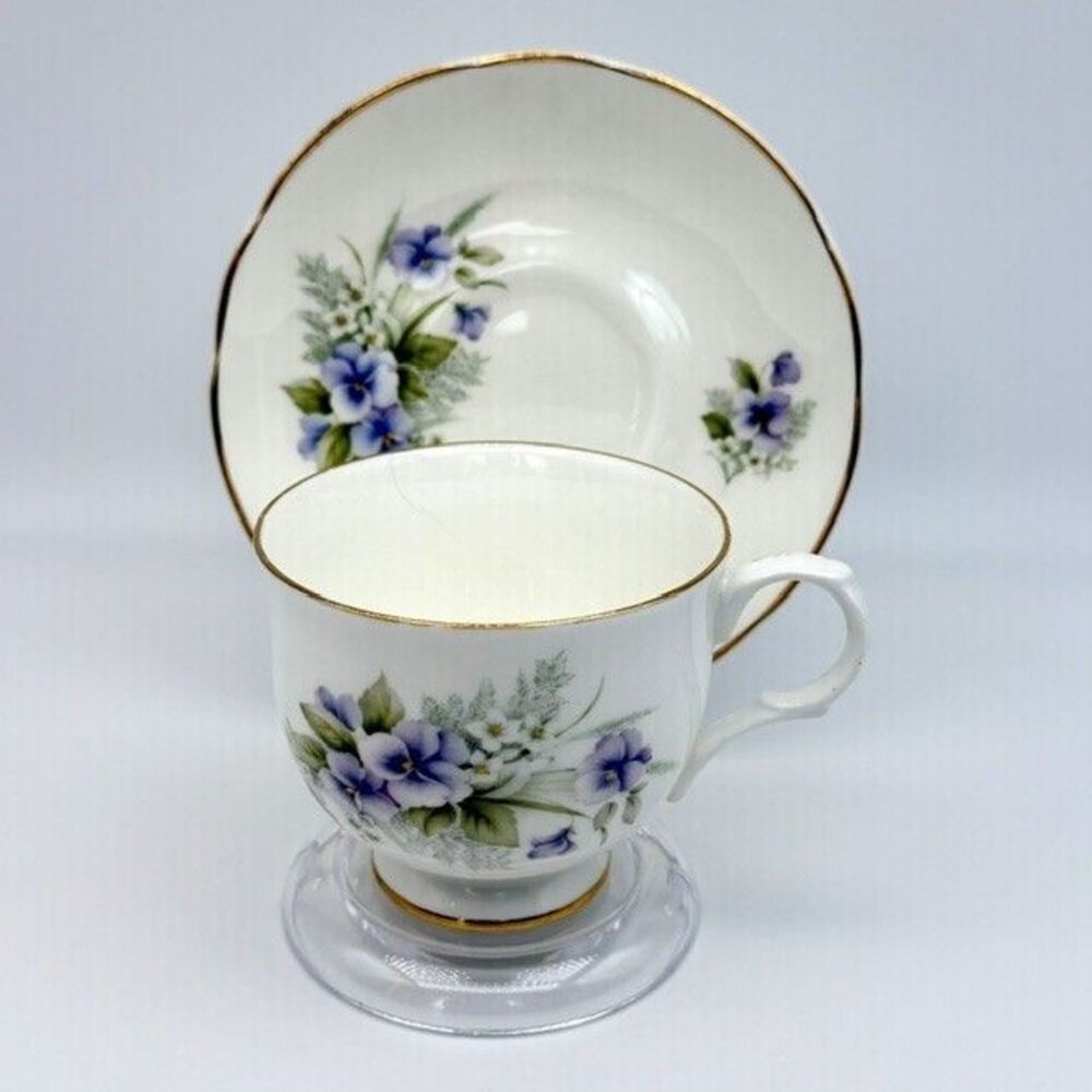 Vintage Sadler Wellington Lavender Floral Teacup and Saucer Pansies Gold Trim